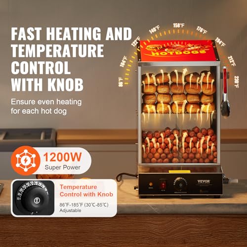 VEVOR Hot Dog Steamer, 39QT, 2-Tier Hot Dog Hut Steamer, 86℉~185℉ Temperature Control, Electric Bun Warmer with Tempered Glass Slide Doors Partition Plate Tong, Stainless Steel, for Hot Dogs & Buns