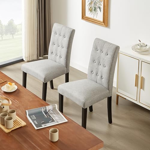 VECELO Upholstered Dining Chairs Set of 4, Button Tufted Back, Padded Seat, Wood Legs with Rubber Footpads, Accent Parsons for Living Room/Kitchen, Light Grey