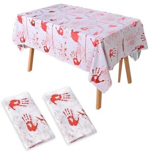 oqoq halloween tablecloth 2 packs, bloody red handprints plastic table cloth disposable halloween party decorations rectangular waterproof table cover for horror scary party decor 54x108 inches