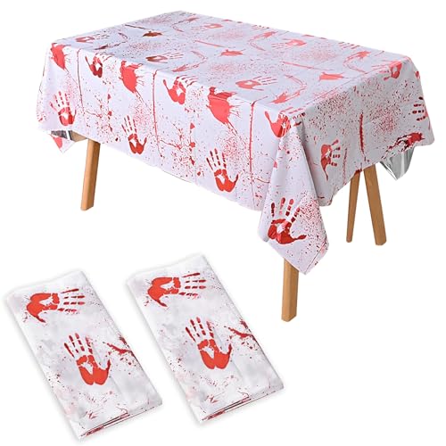 OQOQ Halloween Tablecloth 2 Packs, Bloody Red Handprints Plastic Table Cloth Disposable Halloween Party Decorations Rectangular Waterproof Table Cover for Horror Scary Party Decor 54x108 Inches