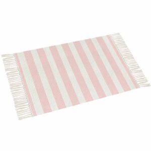 Pink Stripe Bath Rug 2x3ft Woven Bathroom Entryway Runner Rug,White Geometric Striped Modern Boho Minimalist Art Washable Living Room Hallway Bedroom Kitchen Carpet with Tassels Indoor Throw Doormat