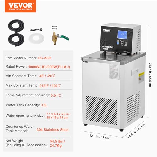 VEVOR Laboratory Chiller Circulator, -20℃ ~100℃ Circulator Pump Chiller, 6L Chiller Lab Low Temperature Cooling Liquid, LCD Display, 304 Stainless Steel Water Bath Recirculating Water Cooling