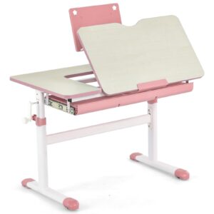 Costzon Kids Desk, Ergonomic Height-Adjustable Children Study Table w/Tiltable Desktop & Book Stand, Pull-Out Storage Drawer & Scale Ruler, Student Workstation for Writing, Drawing, Reading (Pink)