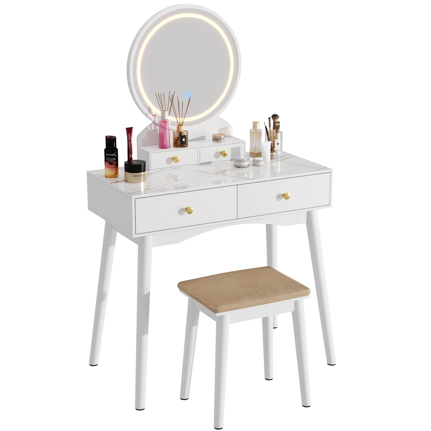 JUMMICO Makeup Vanity Desk with Round Mirror and Lights, Vanity Table Makeup Desk 4 Storage Drawers 3 Adjustable Colors LED Lights Matched Soft Cushioned Stool for Girls Bedroom (White) …