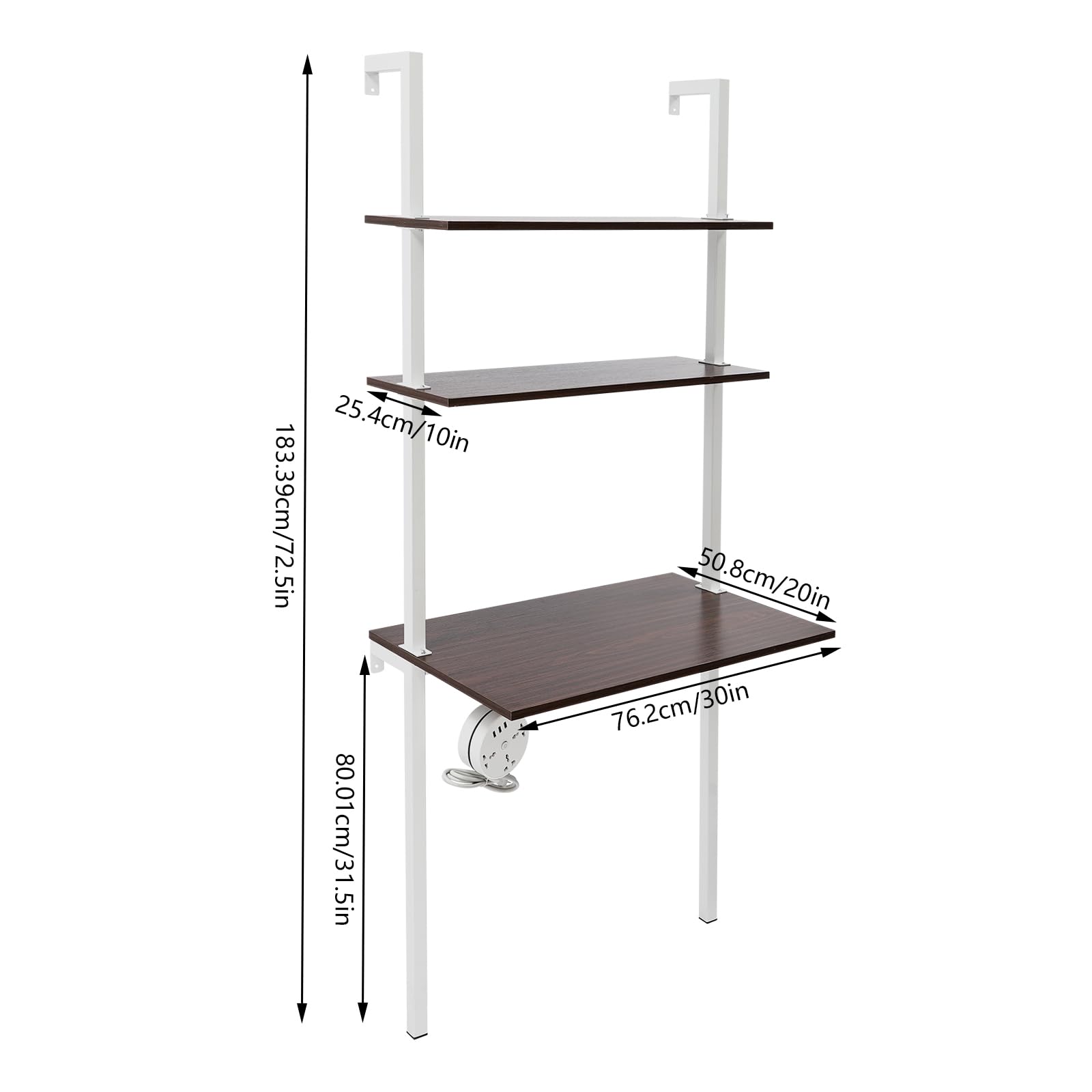 BENTFL Laptop Desk with Shelves, 2-Shelf Wall Mount Desk with Power Strip, Modern Computer Writing Table for Work Platform, Ladder Desk, Shelf Desk, Industrial Desk (Brown, White, 30" x 20" x 72.5")