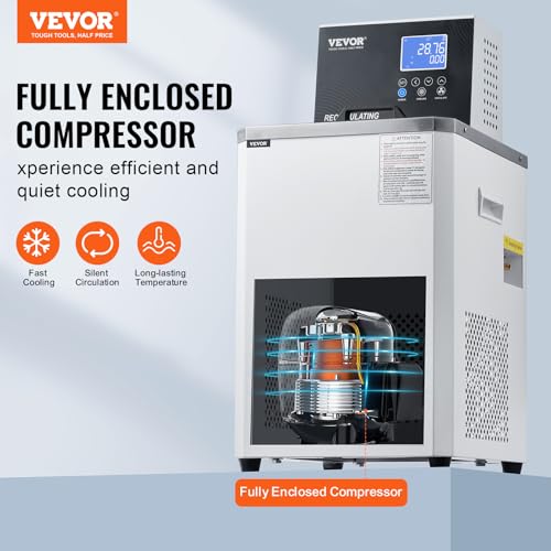 VEVOR Laboratory Chiller Circulator, -5℃ ~100℃ Circulator Pump Chiller, 6L Chiller Lab Low Temperature Cooling Liquid, LCD Display, 304 Stainless Steel Water Bath Recirculating Water Cooling Chiller