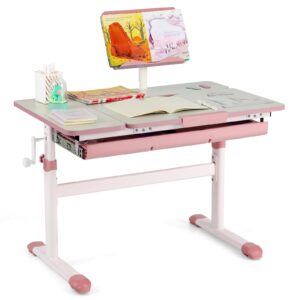 costzon kids desk, ergonomic height-adjustable children study table w/tiltable desktop & book stand, pull-out storage drawer & scale ruler, student workstation for writing, drawing, reading (pink)