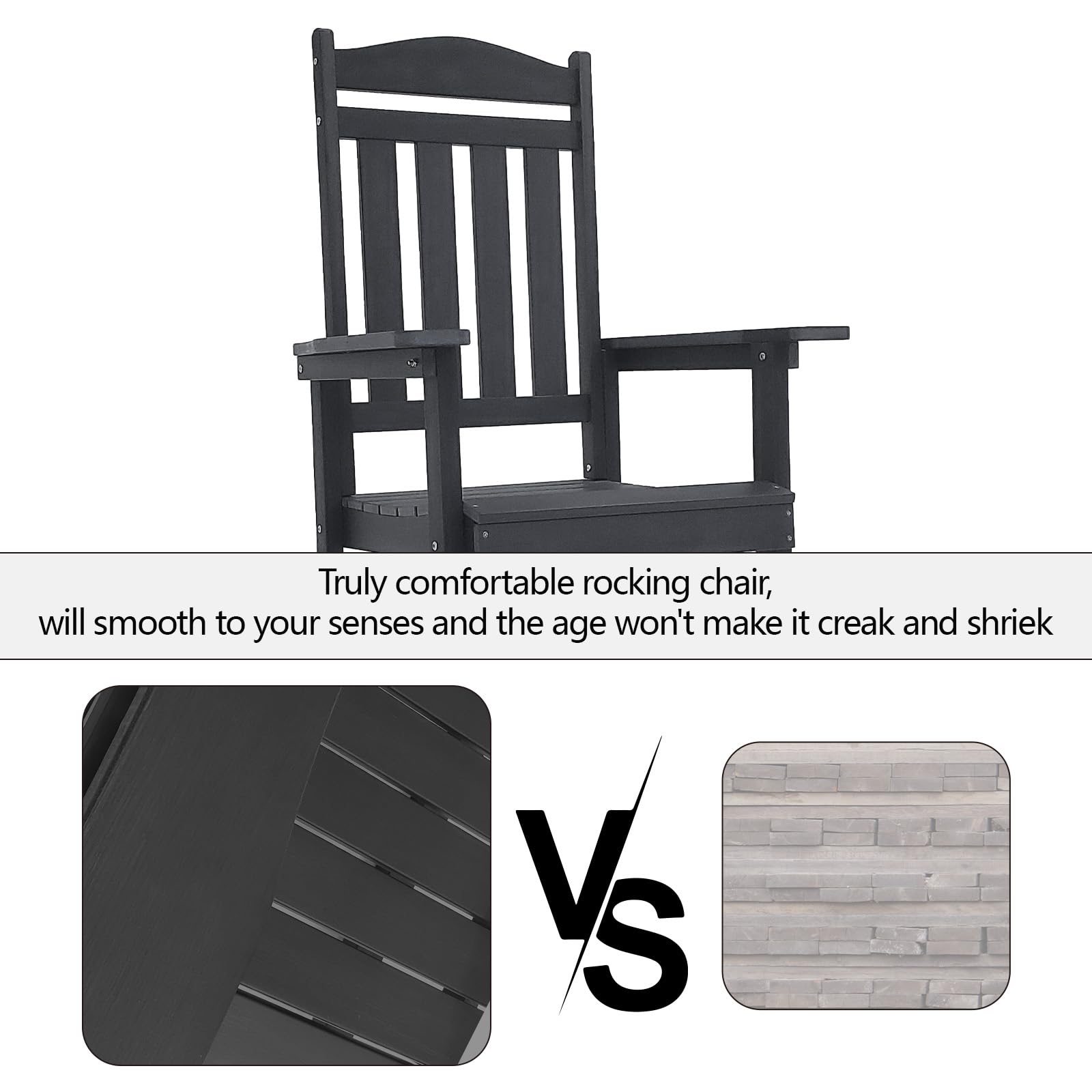 Outdoor Rocking Chair Set of 2, Weather Resistant Porch Rockers for Adult, High Back Oversize Rocking Chair for Outdoor/Indoor, Dark Black, 330lbs