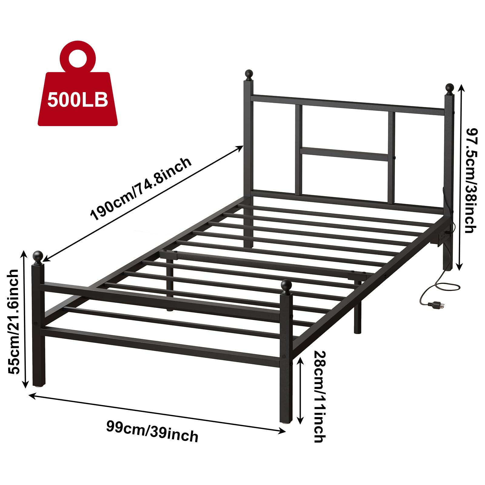 Fixwal Twin Bed Frame with Charging Station, Metal Bed Frame with Port and Outlet, Black