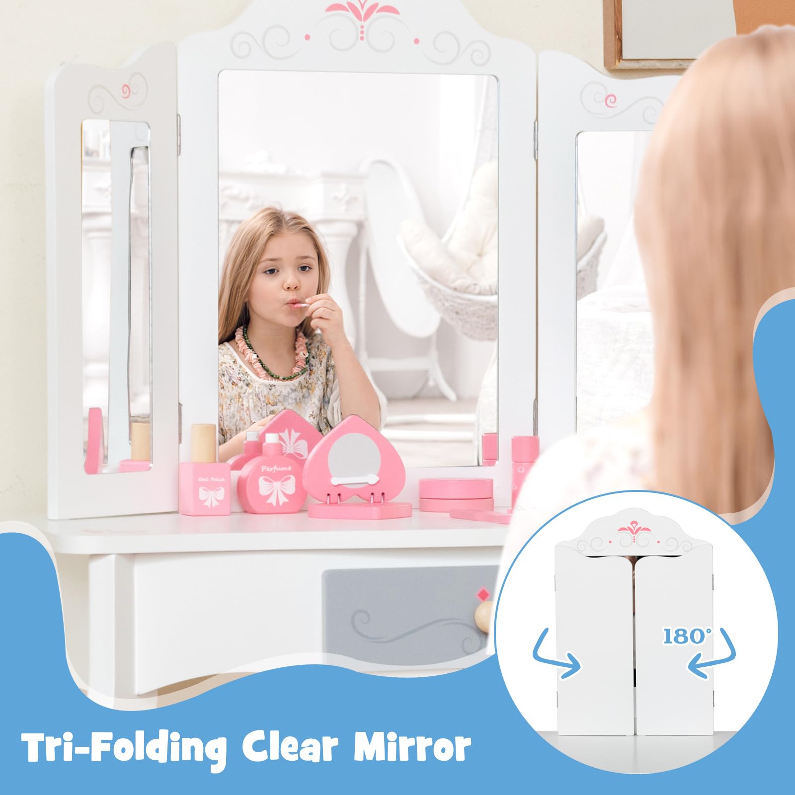 INFANS Kids Vanity, 2 in 1 Princess Makeup Table and Chair Set with Tri-Folding Detachable Mirror 10 Accessories Wooden Dressing Table, Beauty Pretend Play Vanity Set for Toddler Girls Gift (White)