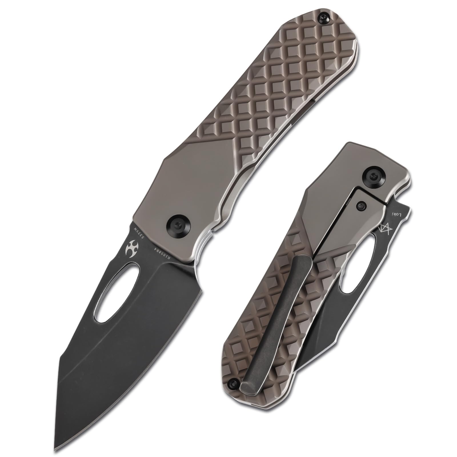 KANSEPT Loki Pocket Folding Knives for Men EDC Camping Folding Knife 2.99''CPM S35VN Blade Material Pocke Knife with Bronzed Anodized Titanium with Frag Pattern Handle Everyday Carry K1058B4