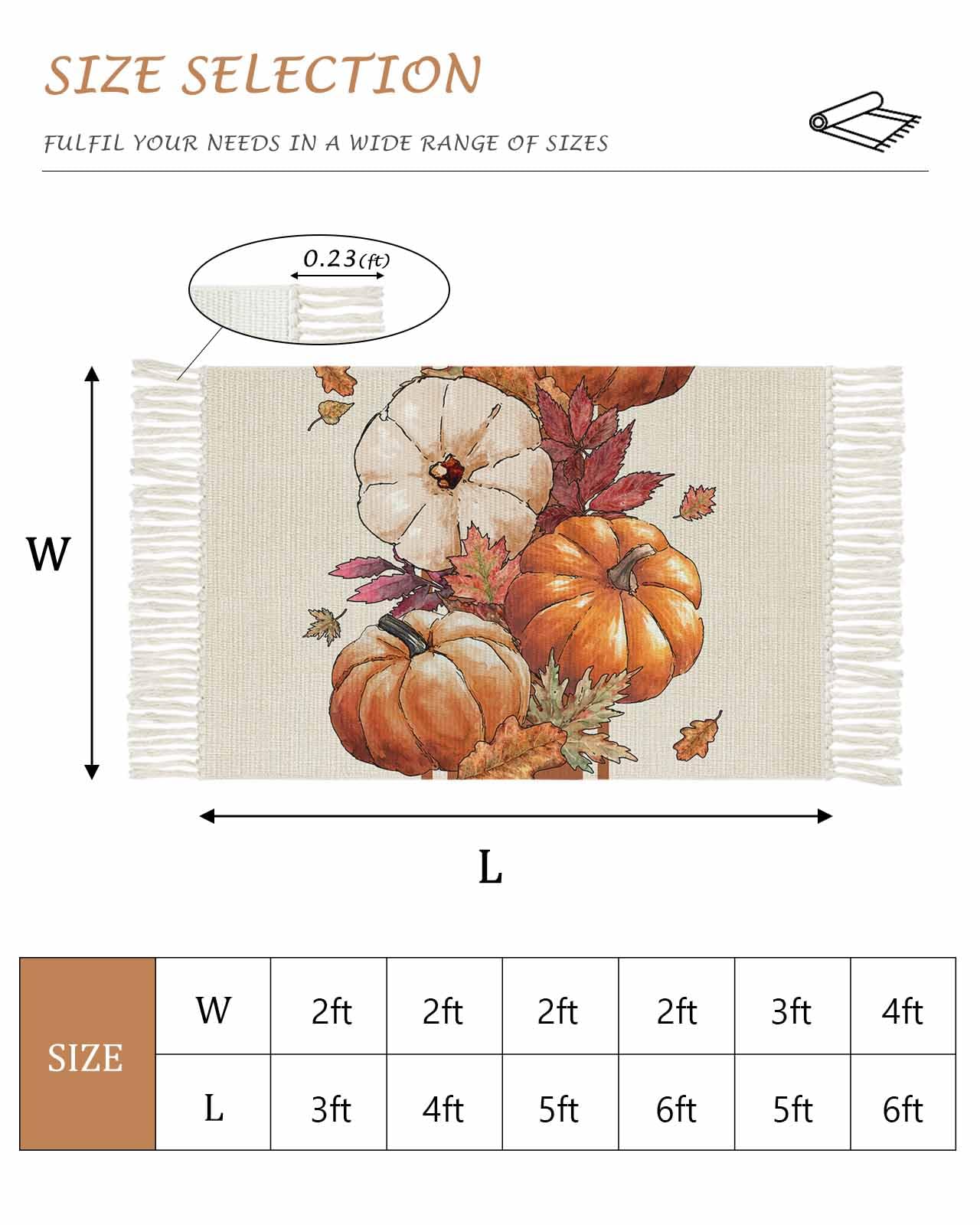 Fall Kitchen Runner Rug 2x5 Bedside Rug with Tassel Cotton Woven Throw Rugs Washable Hallway Runner Rug Thanksgiving Orange Pumpkin Maple Leaf Beige Floor Carpet for Bedroom Bathroom Living Room