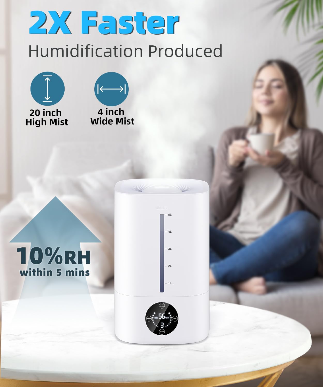 5L Humidifiers for Bedroom, 50H Runtime Humidifier for Large Room, Ultra-Quiet 28dB Cool Mist Air Humidifier for Home Baby Nursery & Plants, Auto Shut-off and BPA-Free for Safety, Easy to Clean