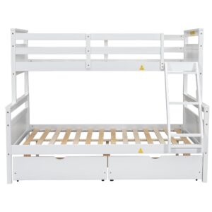 Merax Twin Over Full Bunk Bed, Kids Bedroom White Wooden Bunk Bed Frame, Convertible to 2 Separated Beds with 2 Big Drawers, Ladder & Guardrail for Teens, Wood Slat Support, Easy Assembly, White