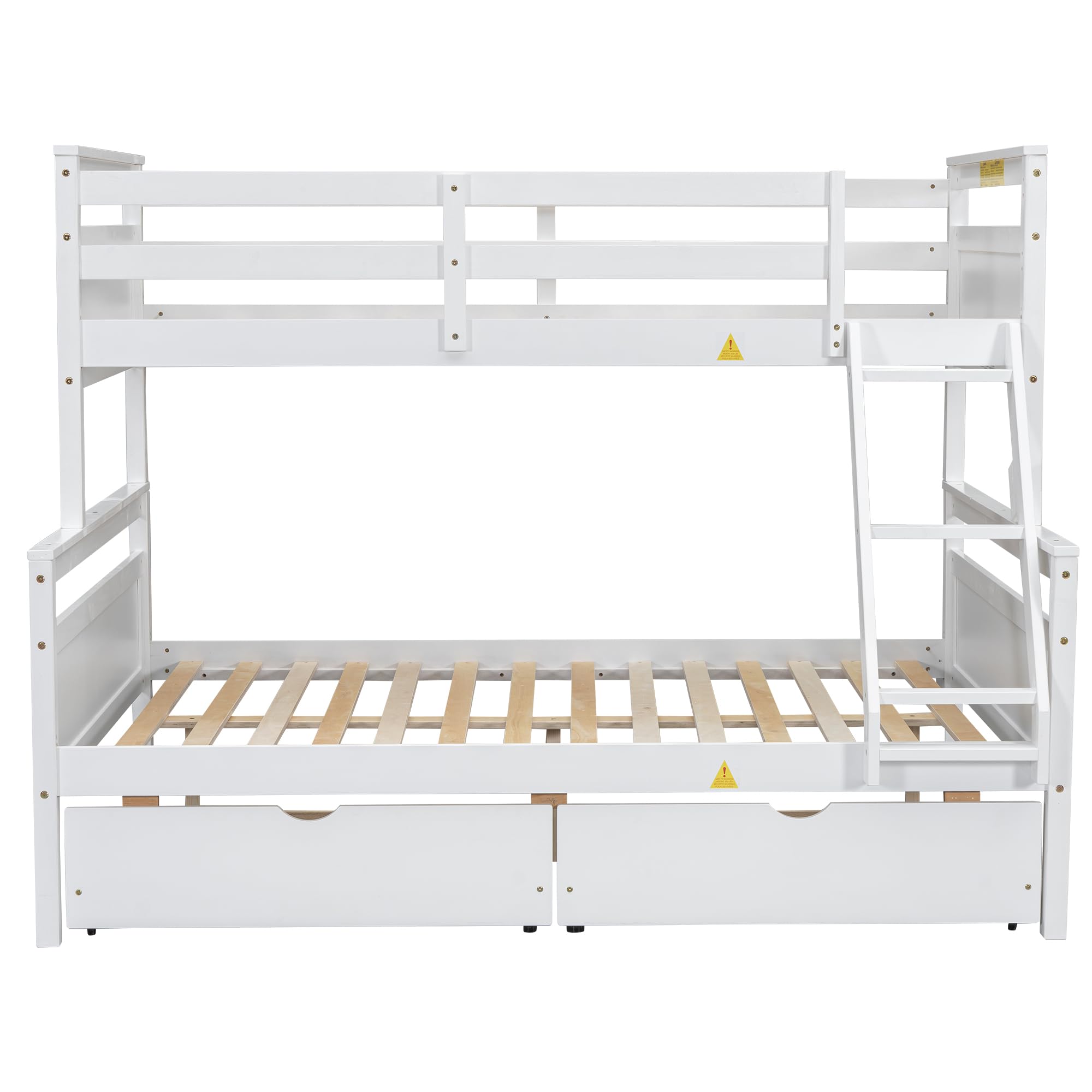 Merax Twin Over Full Bunk Bed, Kids Bedroom White Wooden Bunk Bed Frame, Convertible to 2 Separated Beds with 2 Big Drawers, Ladder & Guardrail for Teens, Wood Slat Support, Easy Assembly, White