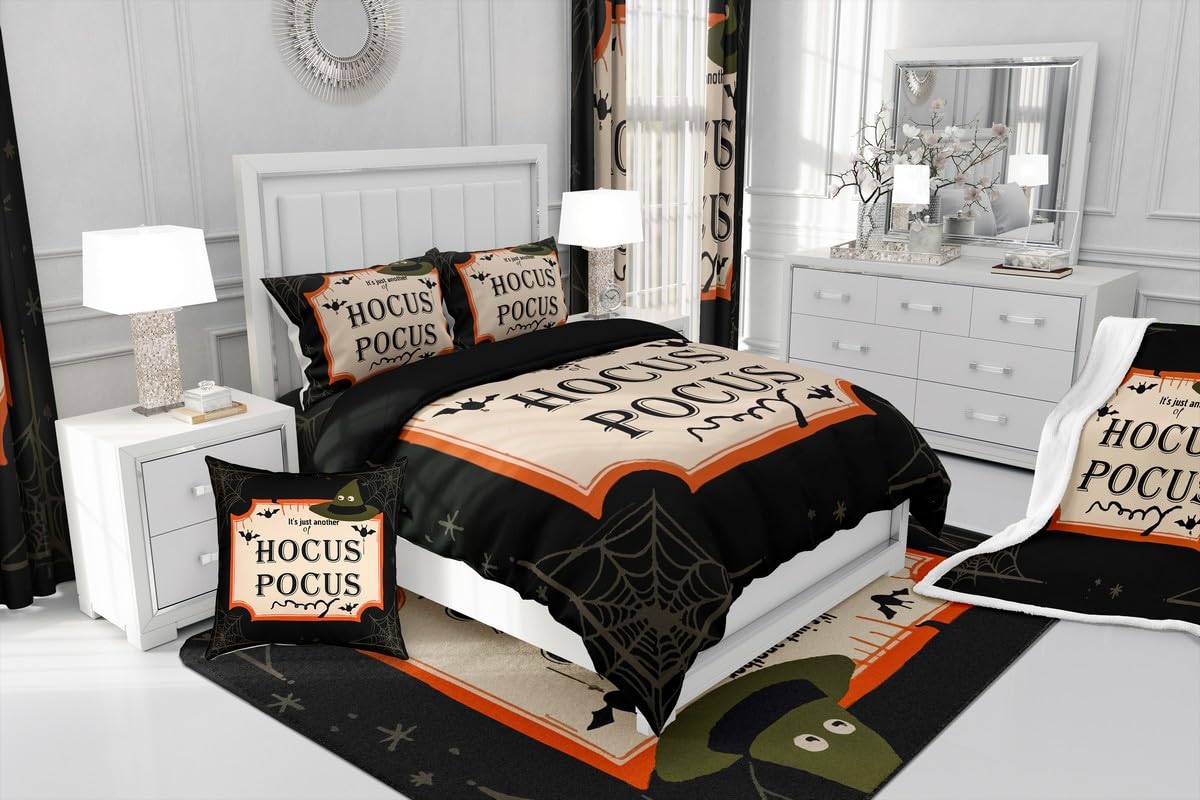 Feelyou Happy Halloween Duvet Cover Set Queen Size Hocus Pocus Bedding Set for Kids Boys Girls Teens Magic Hat Comforter Cover Set Bat Bedspread Cover 3Pcs