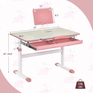 Costzon Kids Desk, Ergonomic Height-Adjustable Children Study Table w/Tiltable Desktop & Book Stand, Pull-Out Storage Drawer & Scale Ruler, Student Workstation for Writing, Drawing, Reading (Pink)