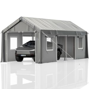 GarveeLife 13'x25'x11' Carport Oversized, Portable Garage with 180g PE Tarps, 19 Gauge Poles, 6 Roll-up Doors, and 4 Mesh Windows, Suitable for Full-Size Pickups Bass Boats, Tractors, and SUVs, Gray