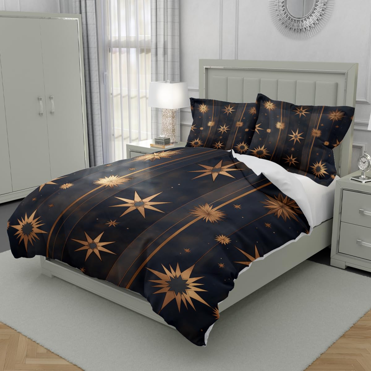 Lokaluo Starlight Duvet Cover Full Size 3D Printed Golden Stars Full Duvet Cover Set Sparkling Starry Sky Galaxy Bohemia Bedding Set Home Decor 3 Pcs Comforter Cover with 2 Pillowcases