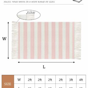 Pink Stripe Bath Rug 2x3ft Woven Bathroom Entryway Runner Rug,White Geometric Striped Modern Boho Minimalist Art Washable Living Room Hallway Bedroom Kitchen Carpet with Tassels Indoor Throw Doormat