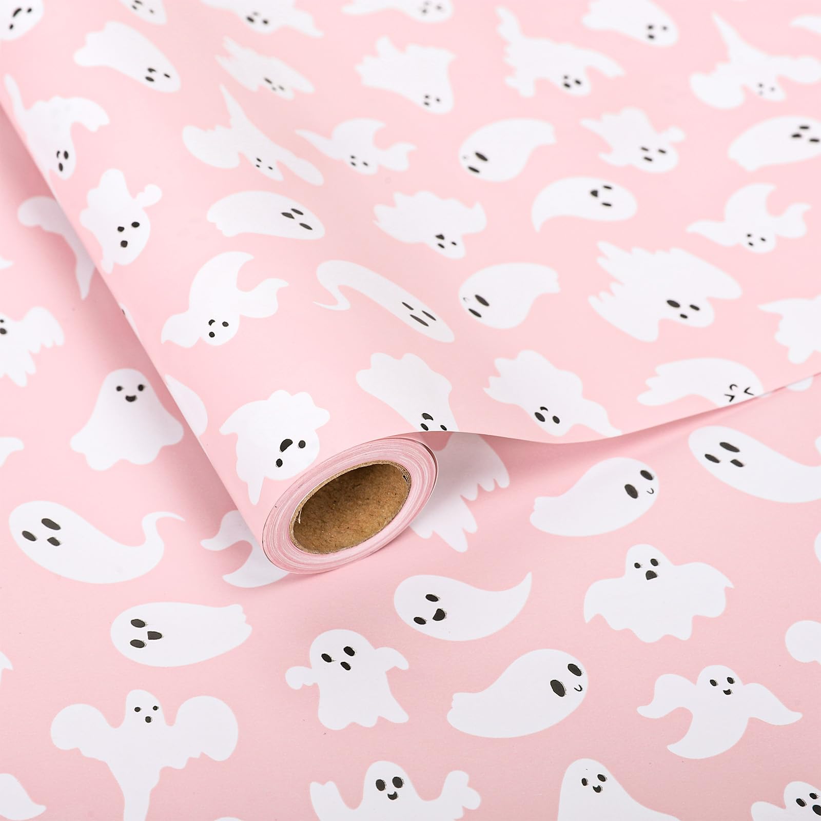 JarThenaAMCS Halloween Ghost Wrapping Paper - Mini Roll - 17 In x 32.8 Ft Pink Cute Cartoon Ghost Boo Gift Wrap Paper for DIY Art Craft Wedding Birthday Baby Shower