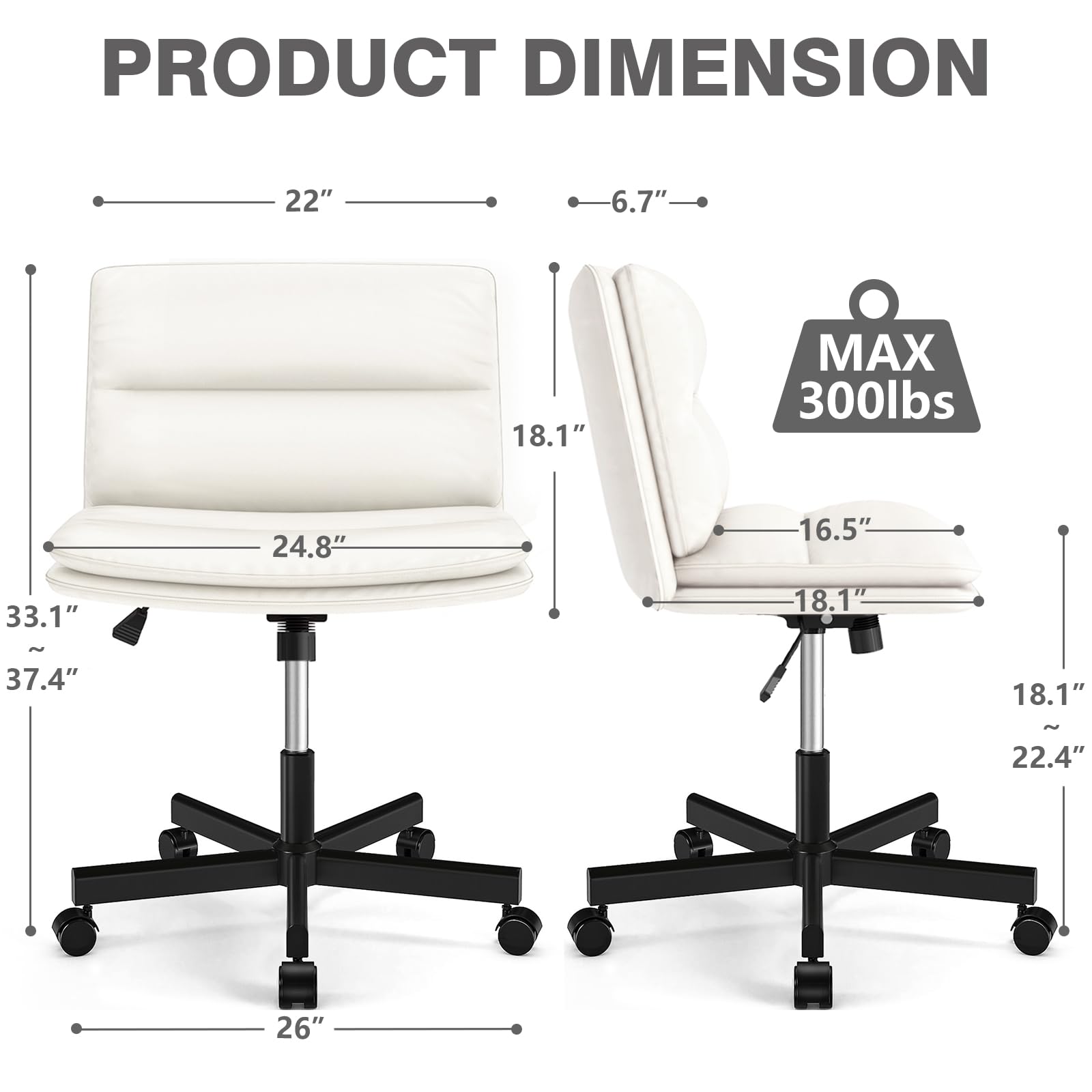 TVON Armless Office Desks Chair with Wheels and Thickened Cushion, Ergonomic Home Office Computer Chair, Comfortable Swivel Chair with Height Adjustment and Rocking Function