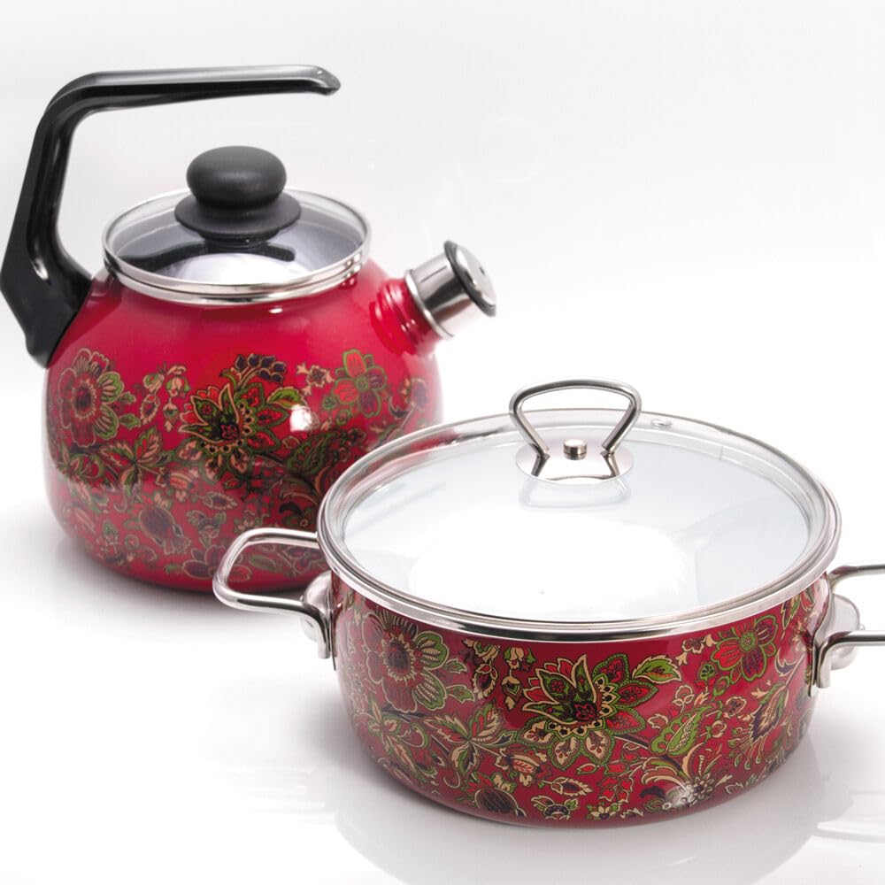 HOMEHUT Traditional Khokhloma Vitross Imperio Enamelware Pot - Durable Enameled Steel Heat-Resistant Stock Pot Set with Glass Lid, Hygienic and Dishwasher Safe 4L