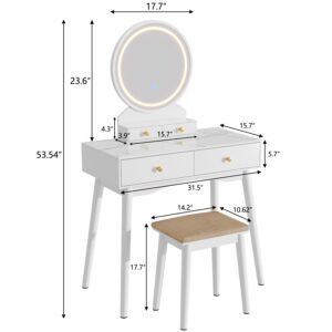 JUMMICO Makeup Vanity Desk with Round Mirror and Lights, Vanity Table Makeup Desk 4 Storage Drawers 3 Adjustable Colors LED Lights Matched Soft Cushioned Stool for Girls Bedroom (White) …