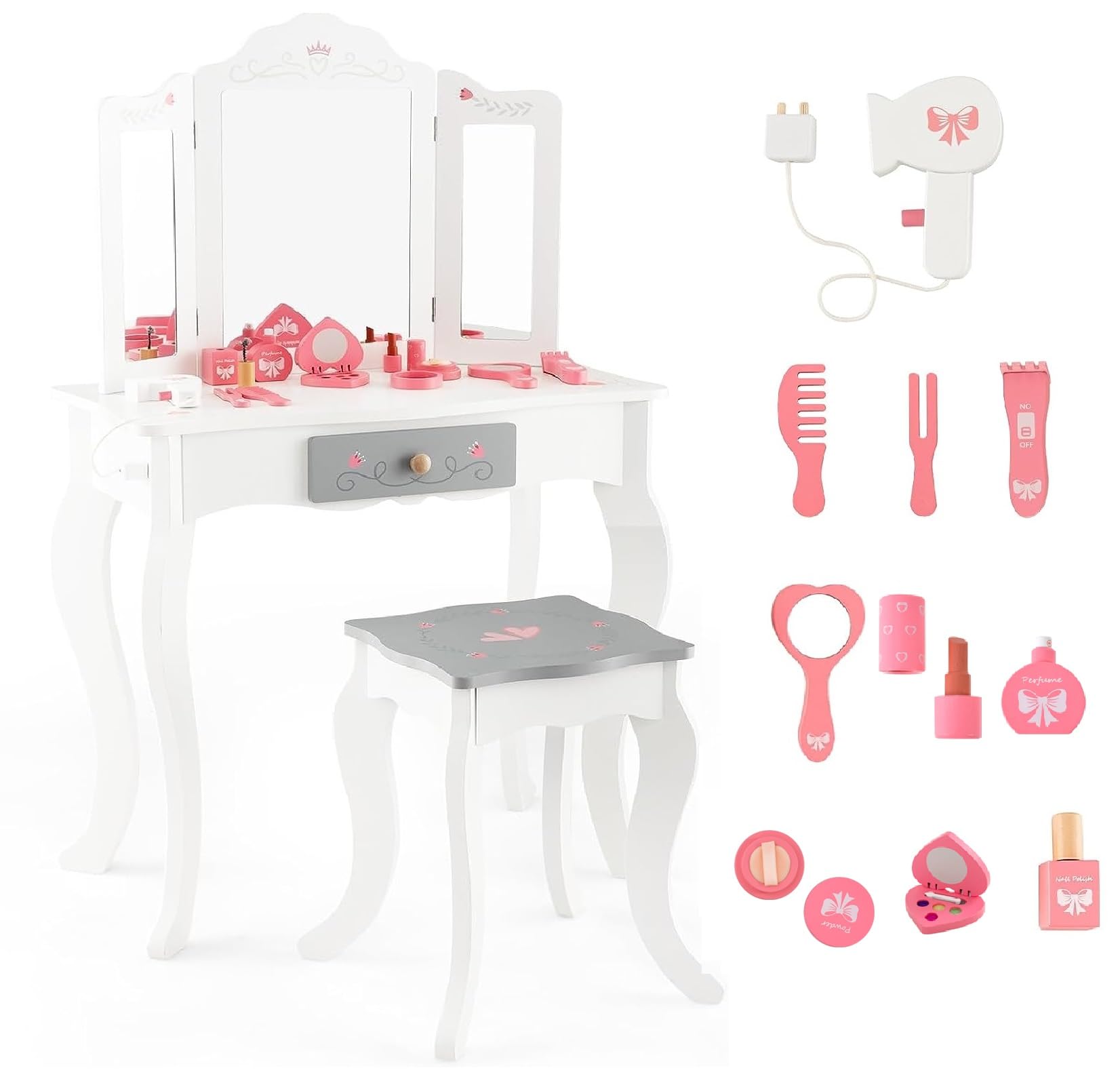 INFANS Kids Vanity, 2 in 1 Princess Makeup Table and Chair Set with Tri-Folding Detachable Mirror 10 Accessories Wooden Dressing Table, Beauty Pretend Play Vanity Set for Toddler Girls Gift (White)