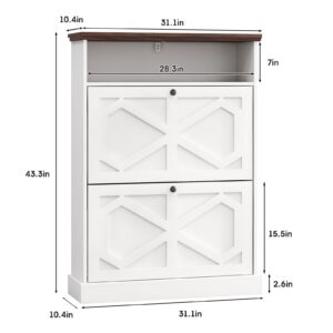 Maupvit Shoe Storage Cabinet with 2 Flip Drawers,Shoe Cabinet with Open Storage,Hidden Shoe Storage Slim Storage Cabinet with Barn Door Design,Narrow Shoe Rack Cabinet for Entryway,Antique White