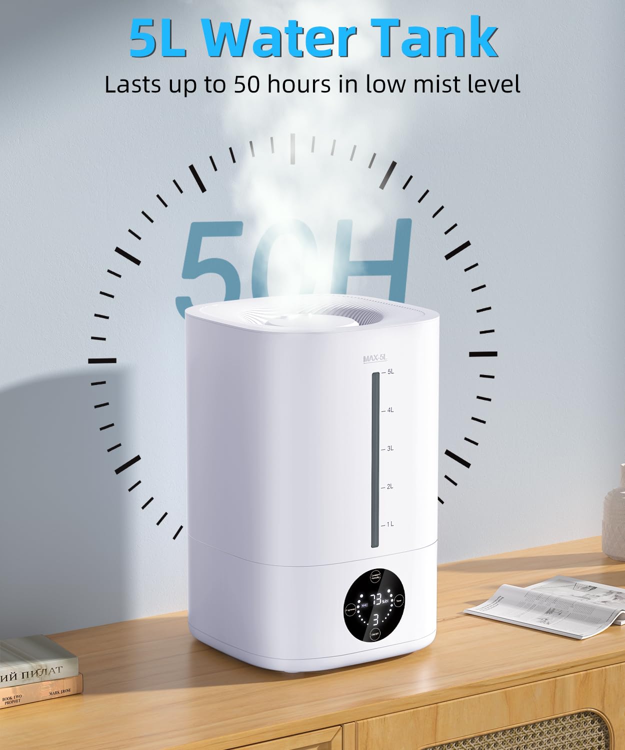 5L Humidifiers for Bedroom, 50H Runtime Humidifier for Large Room, Ultra-Quiet 28dB Cool Mist Air Humidifier for Home Baby Nursery & Plants, Auto Shut-off and BPA-Free for Safety, Easy to Clean