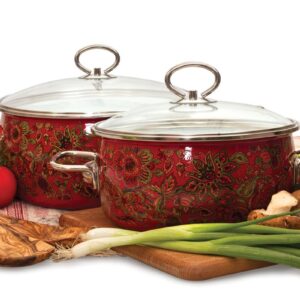 HOMEHUT Traditional Khokhloma Vitross Imperio Enamelware Pot - Durable Enameled Steel Heat-Resistant Stock Pot Set with Glass Lid, Hygienic and Dishwasher Safe 4L