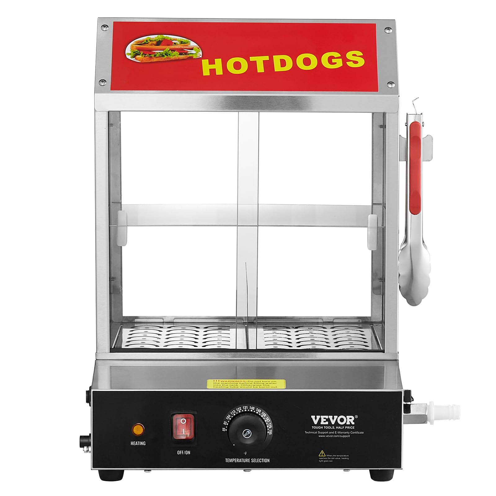 VEVOR Hot Dog Steamer, 28.5QT, 2-Tier Hot Dog Hut Steamer, 86℉~185℉ Temperature Control, Electric Bun Warmer with Tempered Glass Slide Doors Partition Plate Tong, Stainless Steel, for Hot Dogs & Buns