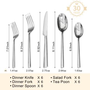 KINGSTONE Silverware Set, 30-Piece Forged Flatware Set Cutlery Set Premium Stainless Steel, Service for 6, for Kitchen, Home, Wedding, Party, Mirror Polished and Dishwasher Safe