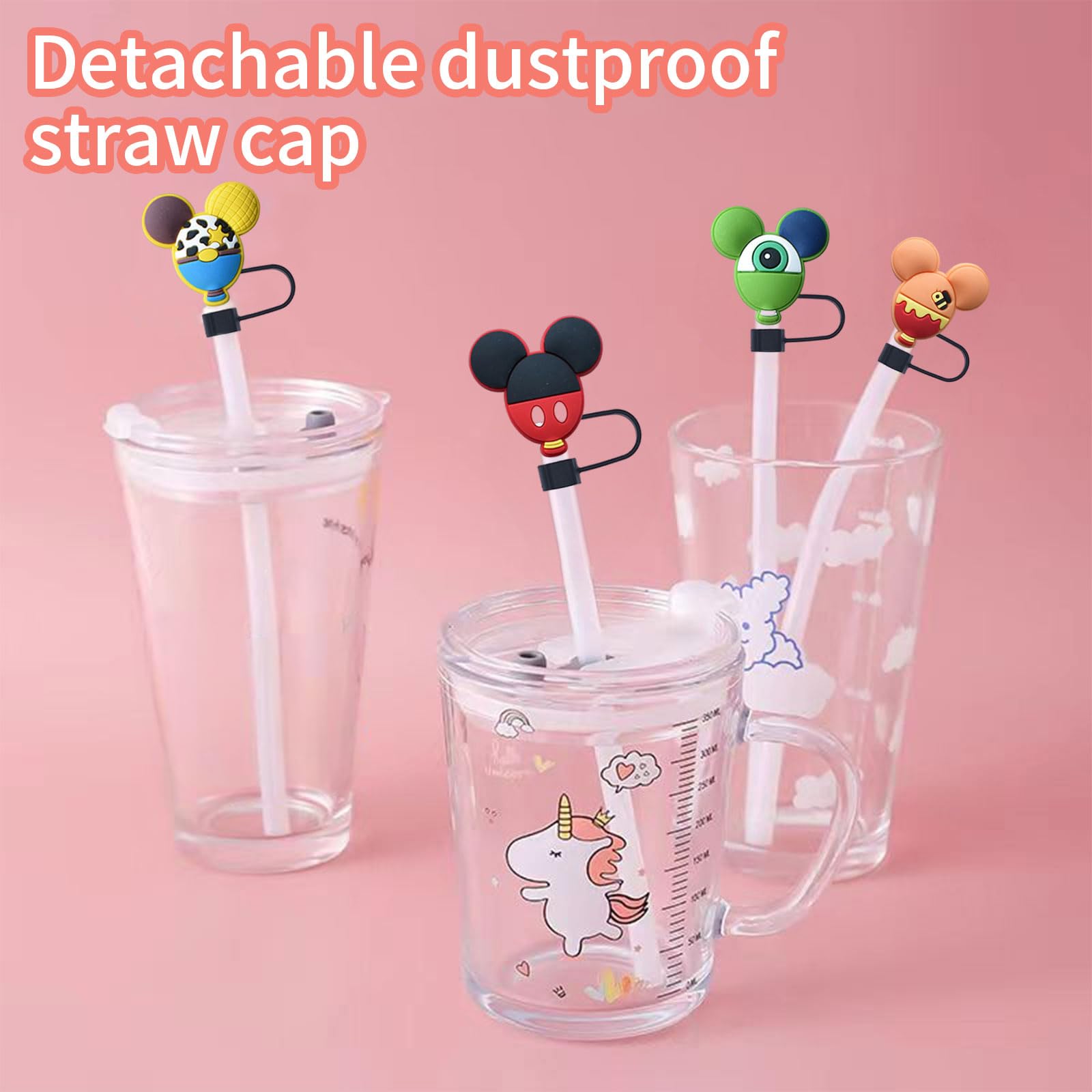 12 Pcs Silicone Straw Covers, 0.4in Diameter Cute Straw Toppers, Dust-Proof Reusable Cartoon Straw Tips Lids and Cup Charms, for Cup Accessories