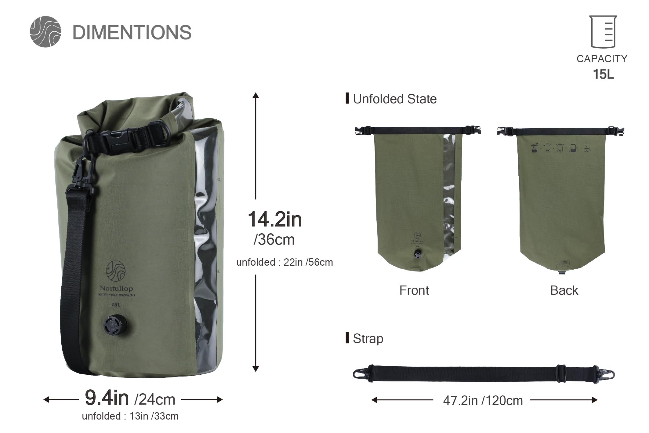 Noitullop Washbag Portable Washing Machine - 15L Fully Waterproof Dry Bag - Lightweight Compact Nylon Washing Machine - Portable Manual Clothes Washer Laundry Bag (Olive)