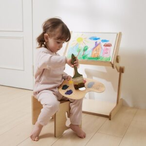 comme moi wooden kids' book stand and adjustable table - baby desk for 1 year old - foldable weaning and dinner table, small dining table for toddlers - multi-functional easel (made in korea)