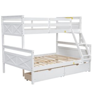 Merax Twin Over Full Bunk Bed, Kids Bedroom White Wooden Bunk Bed Frame, Convertible to 2 Separated Beds with 2 Big Drawers, Ladder & Guardrail for Teens, Wood Slat Support, Easy Assembly, White