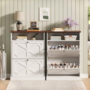 Maupvit Shoe Storage Cabinet with 2 Flip Drawers,Shoe Cabinet with Open Storage,Hidden Shoe Storage Slim Storage Cabinet with Barn Door Design,Narrow Shoe Rack Cabinet for Entryway,Antique White