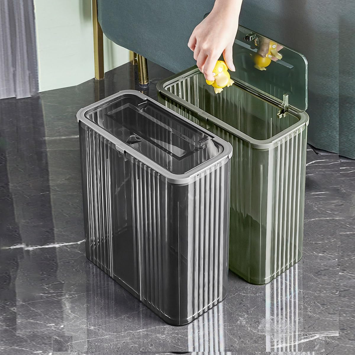 Aiabaleaft Transparent Trash Can Bathroom Trash Cans with Lids Plastic Slim Waste Basket with Press Top Lid 3.9 Gallon/15L Clear Garbage Can for Bathroom, Bedroom,Office (Transparently Green)