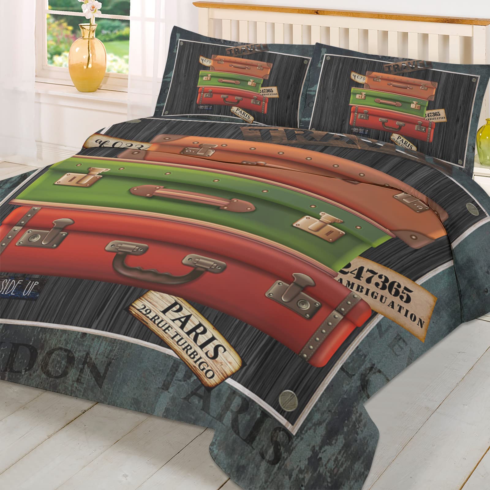 Luggage Rustic Duvet Cover Sets Wood Grain Red Black Green Box Bedding Sets 3 Pcs Soft Comforter Covet Set Including 1 Quilt Cover 2 Pillow Cases,Queen Size Comforter Cover Set with Zipper Closure