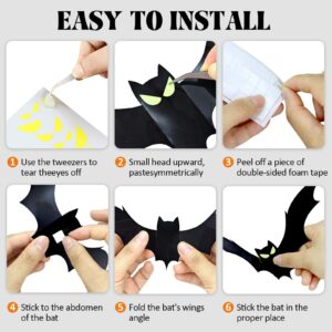 132 Pcs Halloween Bats Wall Decor with Glow in The Dark Eyes, Large Halloween 3D Bats Stickers Black Bats Decals Decorations Indoor, PVC Bats for Halloween Party