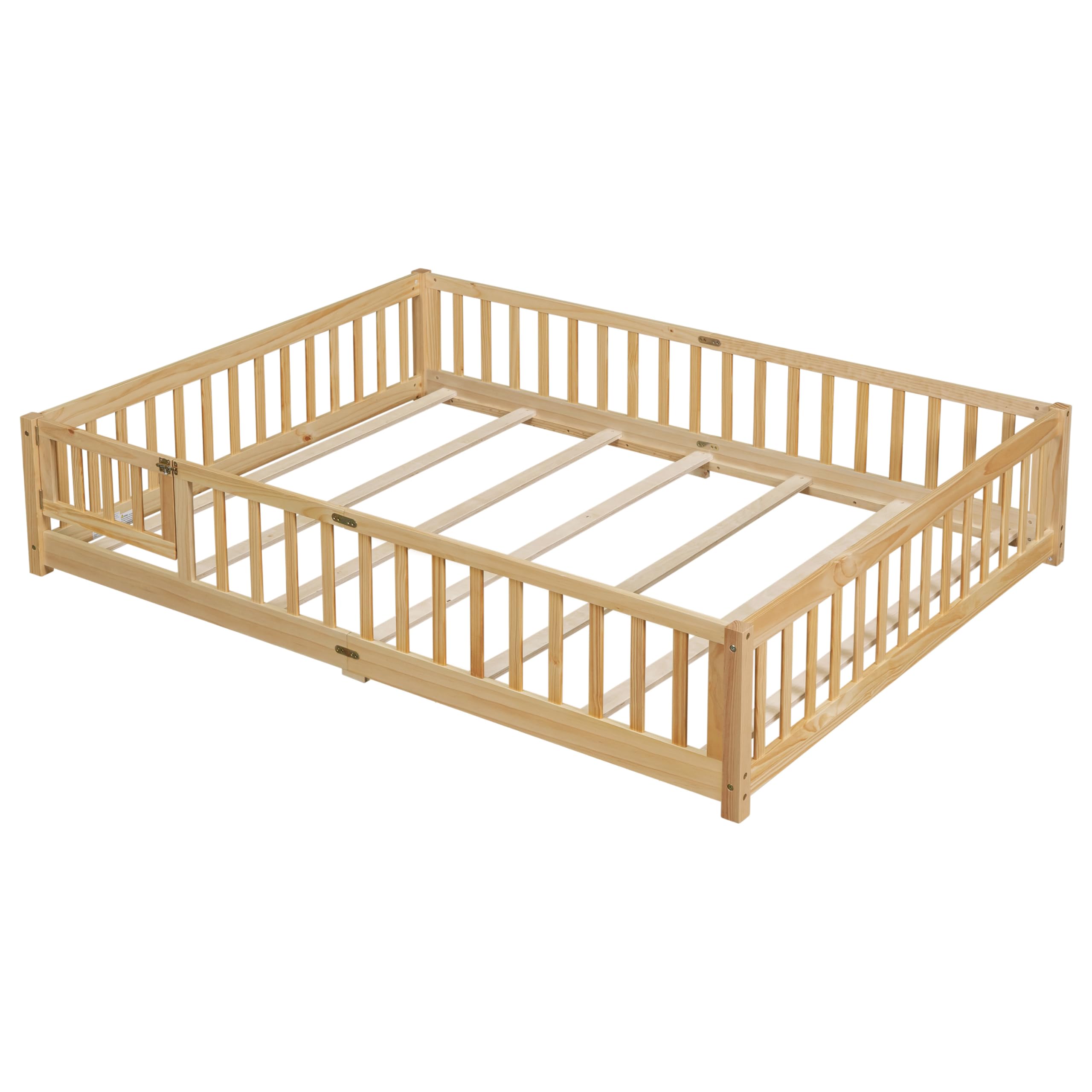 Bellemave Queen Size Floor Bed with Door,Kids Montessori Floor Bed with Slats and Fence,Solid Wood Queen Bed Frame for Girls Boys(Queen,Natural)