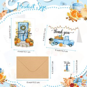 Piklodo 48 Set Fall Thanksgiving Cards with Envelopes and Stickers Watercolor Blue Thank You Cards Pumpkin Note Cards Autumn Greeting Cards Blank Cards for Birthday Wedding Bridal Shower Baby Shower