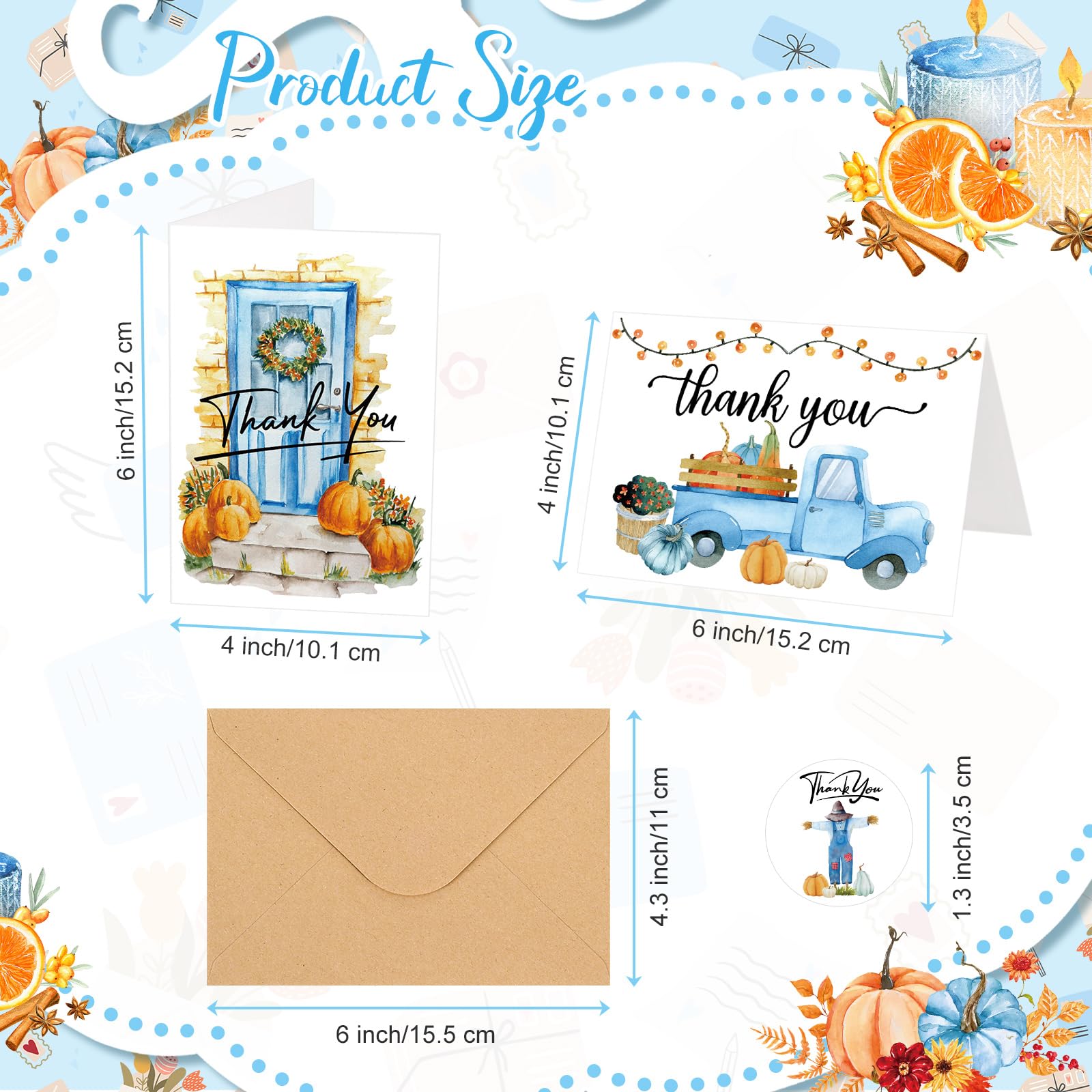 Piklodo 48 Set Fall Thanksgiving Cards with Envelopes and Stickers Watercolor Blue Thank You Cards Pumpkin Note Cards Autumn Greeting Cards Blank Cards for Birthday Wedding Bridal Shower Baby Shower