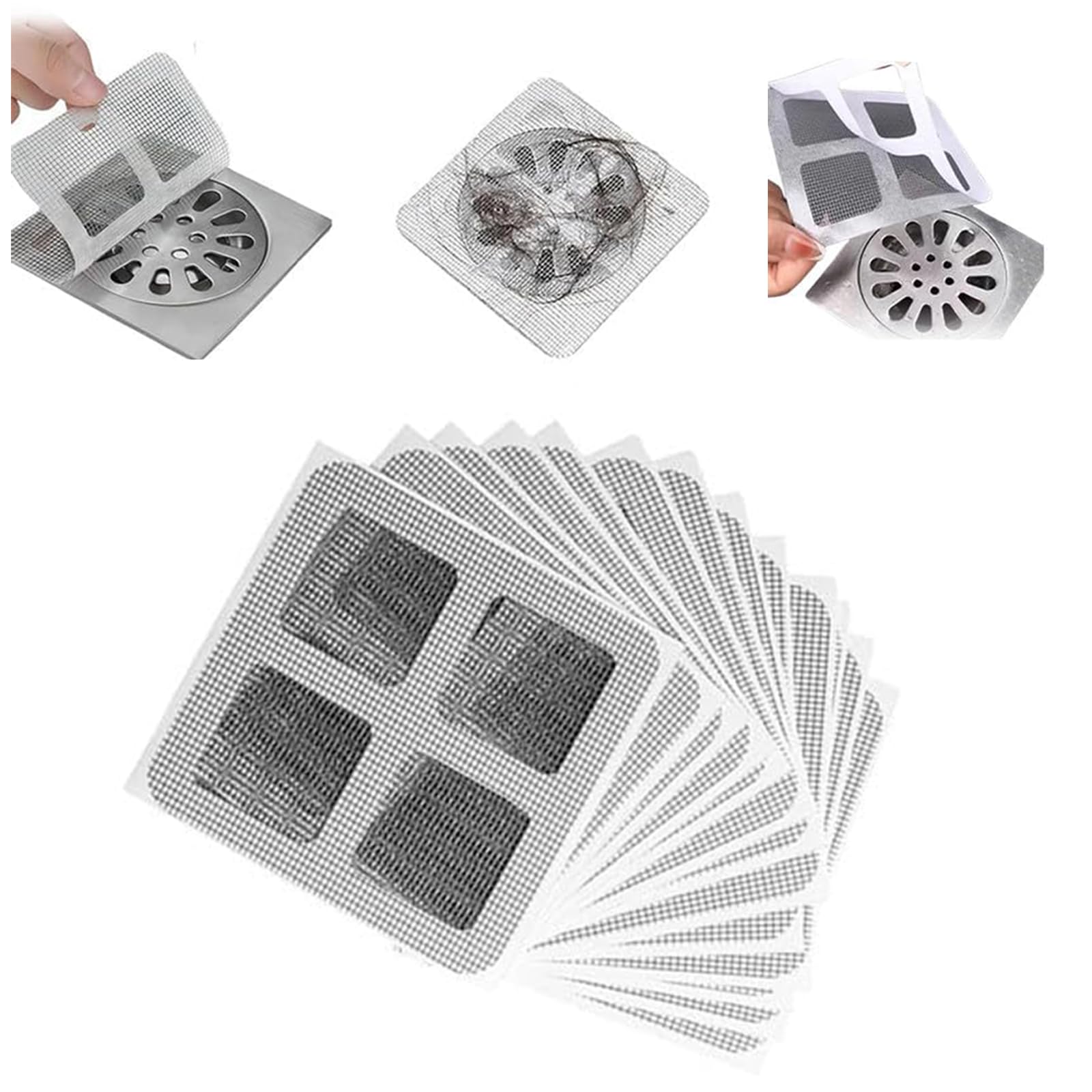 JUNYINUO 4"" X 4"" Disposable Square Shower Drain Hair Catcher, Drain Hair Catcher,Flat Shower Drain Cover Mesh Stickers, Bathroom, Laundry, Bathtub, Kitchen, Sink for Human and Pet Hair 200PCS, Gray