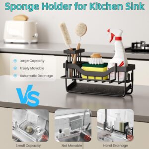 VILCEN Sponge Holder for Kitchen Sink with Auto Draining Tray,Kitchen Sink Caddy Organizer with Rag Holder, Rustproof 304 Stainless Steel Kitchen Organizers, Soap Dispenser Storage Countertop