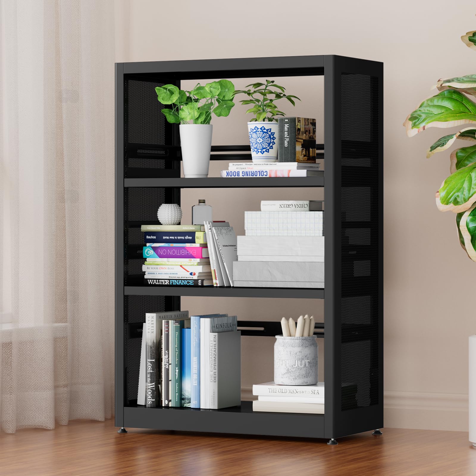 TIMELESS PIECES 3-Tier Book Shelf, Black Bookshelf and Bookcase,Tall Bookshelf with Adjust Shelves,Metal Display Shelf with Wheels,Industrial Bookshelf for Kitchen Living Room Office Library