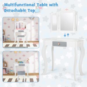 INFANS Kids Vanity, 2 in 1 Princess Makeup Table and Chair Set with Tri-Folding Detachable Mirror 10 Accessories Wooden Dressing Table, Beauty Pretend Play Vanity Set for Toddler Girls Gift (White)