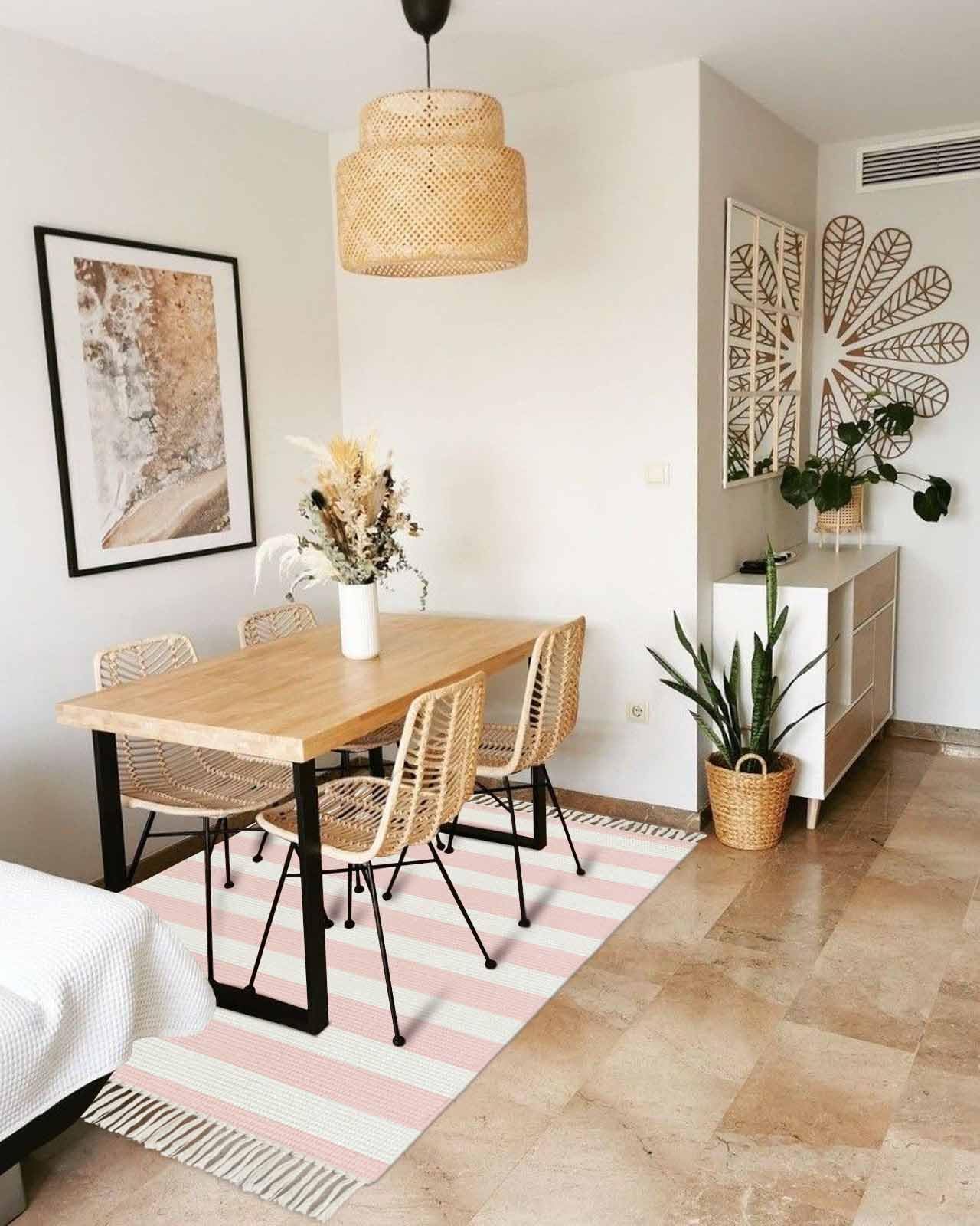 Pink Stripe Bath Rug 2x3ft Woven Bathroom Entryway Runner Rug,White Geometric Striped Modern Boho Minimalist Art Washable Living Room Hallway Bedroom Kitchen Carpet with Tassels Indoor Throw Doormat